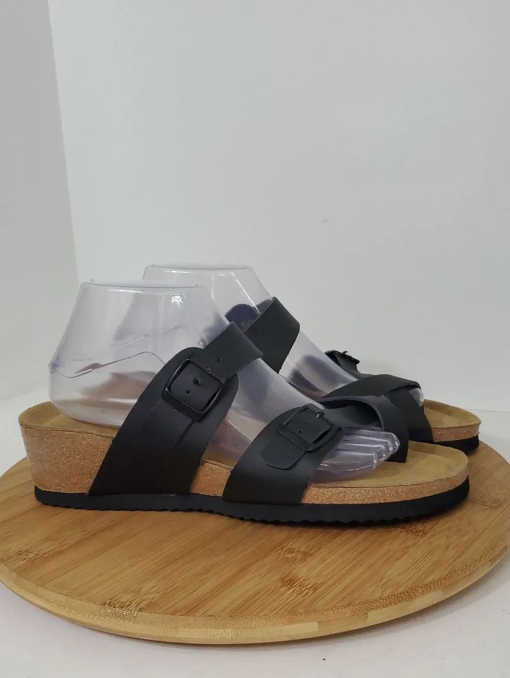 Project Cloud Black Leather Buckle Cork Wedge Sandals Toe Loop Women's Size 11